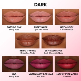 TOO FACED Lip Injection Extreme Lip Shaper shade guide for Dark skin tones, showing 8 shades including Happily Ever After in True Red
