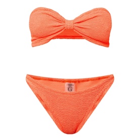 Hunza G Jean Bandeau Two-Piece Bikini Set in orange crinkled seersucker, ruched bandeau top and mid-rise high-cut bottoms