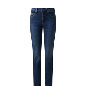 Levis 724&trade; High-Rise Straight Leg Jeans in dark blue with faded details, five-pocket design, button and fly zipper fastening