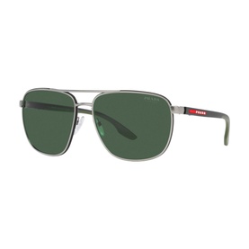Prada Linea Rossa Pilot Sunglasses PS 50YS in grey metal frame, full rim aviator style with green lenses and red temple detail