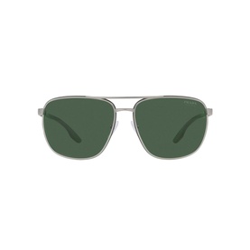 Prada Linea Rossa Pilot Sunglasses PS 50YS in grey metal, full rim aviator frame with double bridge and dark green lenses