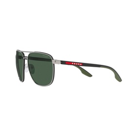 Prada Linea Rossa Pilot Sunglasses PS 50YS in grey metal frame with green lenses, red temple detail, full rim, side profile view