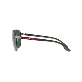 Prada Linea Rossa Pilot Sunglasses PS 50YS in grey metal frame, full rim, with green tinted lenses and red accent detail on temple