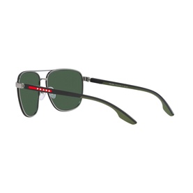 Prada Linea Rossa Pilot Sunglasses PS 50YS in grey metal full rim frame with green lenses and red temple detail, side view