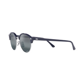 Ray-Ban Round Sunglasses RB4246 in blue acetate frame with silver-tone browline, full rim mirrored green lenses, angled view