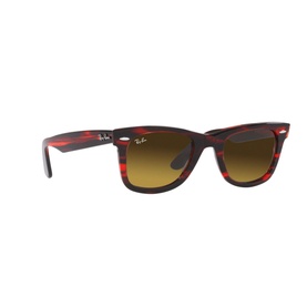 Ray-Ban Square Sunglasses RB2140 in red striped acetate frame, full rim, with brown gradient lenses, three-quarter view