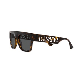 Versace Rectangle Sunglasses VE4430U in brown tortoiseshell with bold cutout logo temples and dark grey lenses