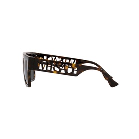Versace Rectangle Sunglasses VE4430U in brown tortoiseshell, full rim frame with cut-out Versace lettering on temple, side view