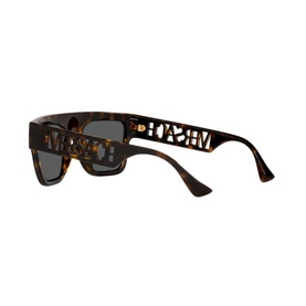 Versace Rectangle Sunglasses VE4430U in brown tortoiseshell with cut-out logo temples, dark lenses, full rim injected frame, angled rear view