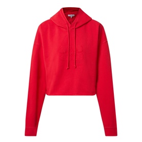 Ganni Isoli Oversized Cropped Hoodie in red with tonal logo detail, drawstring hood, and ribbed trims
