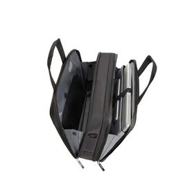 Samsonite Litepoint Expandable Briefcase 30cm in black, shown open revealing multiple padded compartments and laptop sleeve
