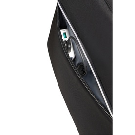 Samsonite Litepoint Expandable Briefcase 30cm in black, close-up of silver-trimmed zip pocket with cable organiser detail visible inside