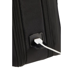 Samsonite Litepoint Expandable Briefcase 30cm in black, close-up of USB charging port with white cable attached