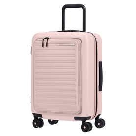 Samsonite STACKD Four-Wheel Expandable Spinner 55cm in pink, ribbed hard shell, black top handle and spinner wheels