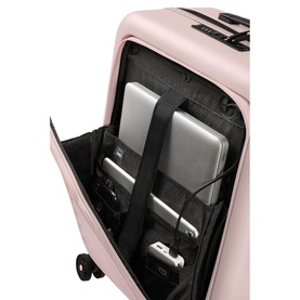 Samsonite STACKD Four-Wheel Expandable Spinner 55cm in pink, open lid showing interior organiser compartment with laptop and accessories