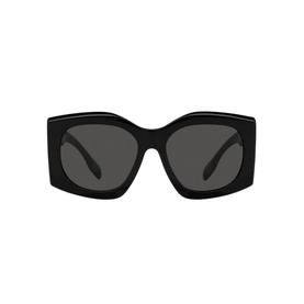 Burberry Irregular Sunglasses BE4388U in black acetate with oversized square frames and dark grey lenses, front view