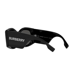 Burberry Irregular Sunglasses BE4388U in black acetate, angled rear view showing bold white logo on wide temple arm