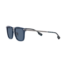 Burberry Square Sunglasses BE4395 in blue with injected frame, gunmetal temples, and blue tinted lenses, three-quarter view