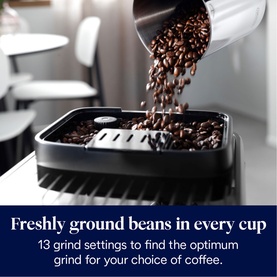 Coffee beans being poured into a black bean-to-cup coffee machine hopper, with text highlighting 13 grind settings for freshly ground coffee.