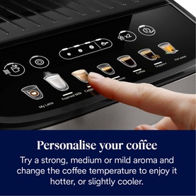 Close-up of a black coffee machine's digital control panel showing drink selection icons and customisation settings for aroma and temperature.