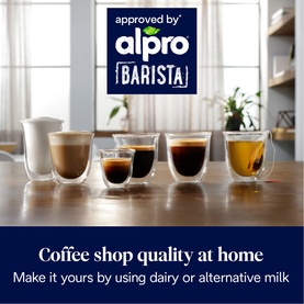 Five double-walled glass cups with various coffee drinks on a wooden surface, Alpro Barista approved, with text "Coffee shop quality at home
