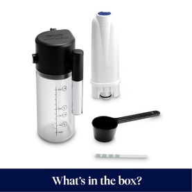 What's in the box contents including milk frother container, water filter, measuring scoop, and cleaning tool in black and white