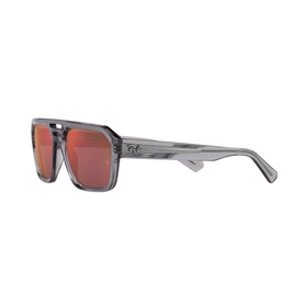 Ray-Ban Irregular Sunglasses RB4397 in clear acetate frame with red mirrored lenses, angled side view