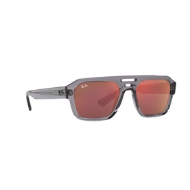 Ray-Ban Irregular Sunglasses RB4397 in clear acetate frame with square silhouette and mirrored red lenses, angled view