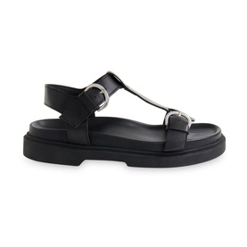 Whistles Porto Double Buckle Sandals in black leather with silver buckles, T-bar straps, and chunky black rubber sole