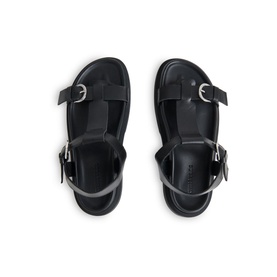 Whistles Porto Double Buckle Sandals in black leather, overhead view showing silver buckles, T-bar and ankle straps, rubber sole