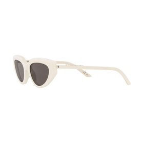 Balenciaga Cat Eye Sunglasses in white acetate, full rim frame with dark grey lenses, angled side view showing temple detail