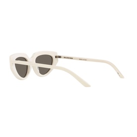 Balenciaga Cat Eye Sunglasses in white acetate with full rim frame, dark grey lenses and silver temple detail, angled view