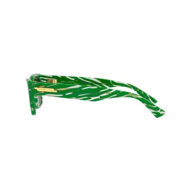 Bottega Veneta Rectangle Sunglasses in green white-patterned acetate, full rim frame, side profile showing gold-tone hardware detail