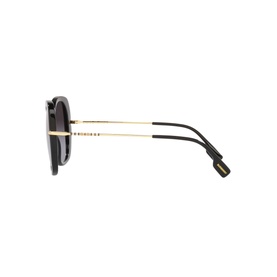 Burberry Square Sunglasses BE4374 in black acetate, full rim frame with gold-tone metal temples and check-stripe detail, side profile view