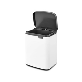 Brabantia Bo Waste Bin 7L in white with dark grey inner lid open, showing removable inner bucket and soft-close mechanism