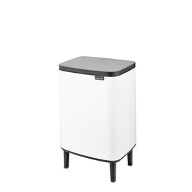 Brabantia Bo Waste Bin Hi 12L in white with dark grey soft-close lid, raised on slim black legs, compact rectangular form