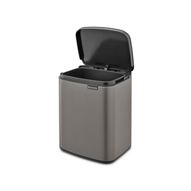Brabantia Bo Waste Bin 7L in Platinum, rectangular steel bin with soft-close hinged lid open, showing black interior bucket