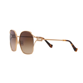 Miu Miu Irregular Sunglasses MU 52WS in gold metal frame, full rim, brown gradient lenses, tortoiseshell temples, side angle view