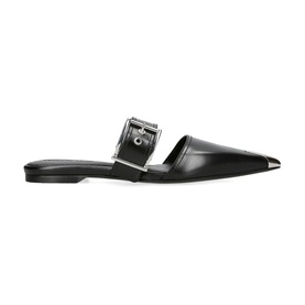 Alexander McQueen Toe Cap Buckle Strap Mules in black leather, pointed toe, silver-tone hardware buckle strap, flat sole, open back