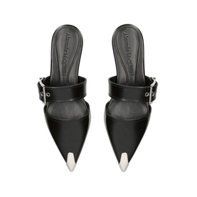Alexander McQueen Toe Cap Buckle Strap Mules in black leather, point toe with white toe cap, silver-tone buckle strap, flat sole, overhead view