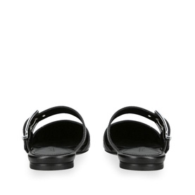 Alexander McQueen Toe Cap Buckle Strap Mules in black leather, rear view showing silver-tone buckle strap and flat leather sole