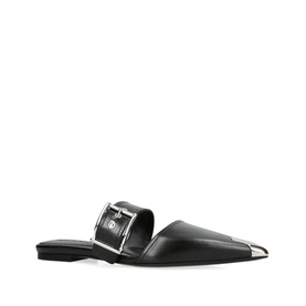 Alexander McQueen Toe Cap Buckle Strap Mules in black leather, silver-tone pointed toe cap and buckle strap, flat sole, open back