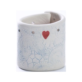Sarah McKenna Home Comforts Tealight Holder, white ceramic with blue lace-effect pattern and red heart detail