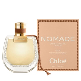 Chlo&eacute; Nomade Jasmin Naturel Intense Eau de Parfum 75ml, clear curved bottle with tan leather detail beside peachy-pink branded box