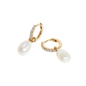 Fine 14kt Gold Pearl Charm Diamond Hoop Earrings