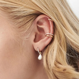 Fine 14kt Gold Pearl Charm Diamond Hoop Earrings