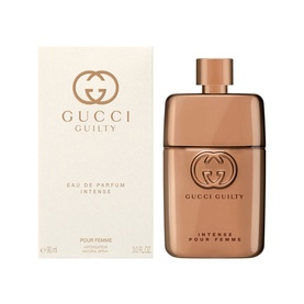 Gucci Guilty For Her Eau de Parfum Intense 90ml, amber glass bottle with gold GG logo beside white outer box