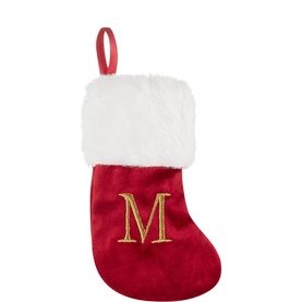 Kurt S Adler Letter M Hanging Stocking Decoration in burgundy velvet with white faux fur cuff, gold embroidered M, and red ribbon loop