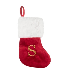 Kurt S Adler Letter S Hanging Stocking Tree Decoration in burgundy with white faux fur cuff, gold embroidered S, and red hanging ribbon