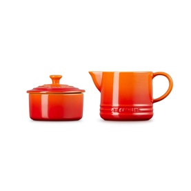 Le Creuset Stoneware Milk & Sugar Set in orange, lidded sugar bowl and creamer jug, stoneware with ribbed detailing